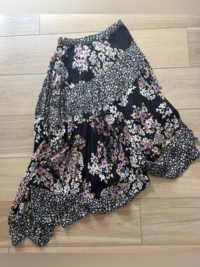 Angie Floral Boho Midi Skirt Size M Black Patchwork Flowy Festival